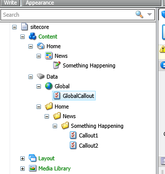 Screenshot of a global datasource item in the Sitecore Content tree