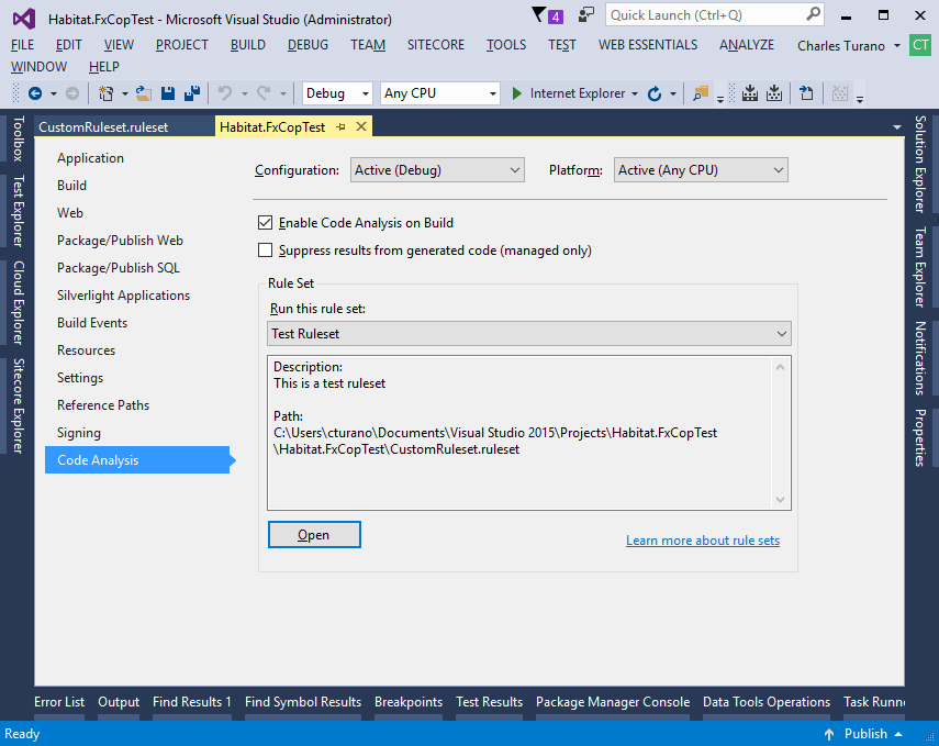 Installing FxCop Rules for Sitecore Helix - Visual Studio Project Properties Code Analysis tab