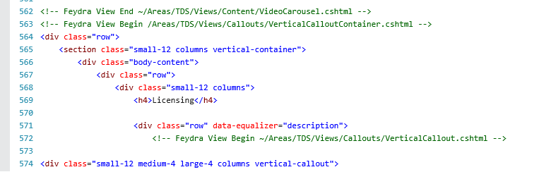 Screenshot of page source with comments around various parts of the code indicating where the .cshtml files exist on the file system