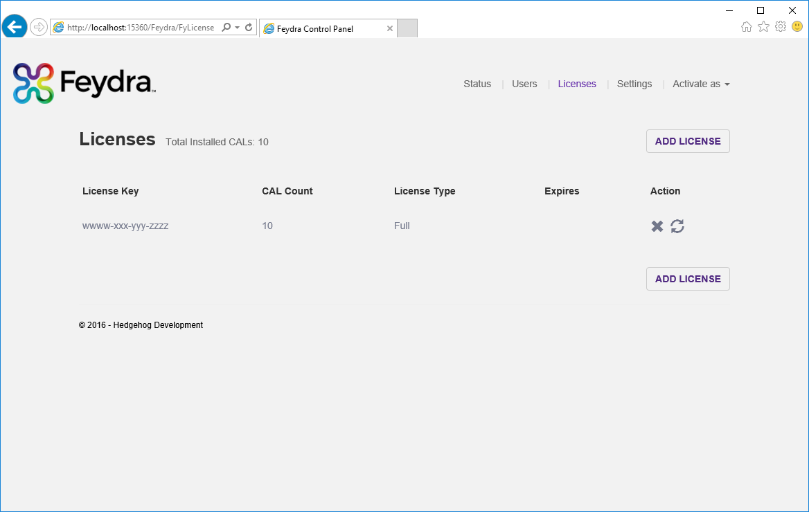 Screenshot of Feydra license management screen