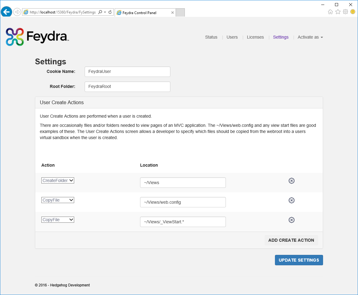 Screenshot of Feydra settings screen